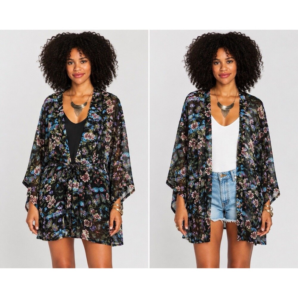 Show Me Your Mumu Texas Kimono Talking Tulips Black Floral Sheer Wrap M Sash